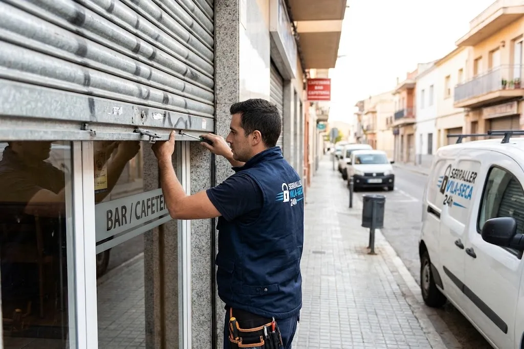 Cerrajero revisando la persiana metálica de un bar a pie de calle