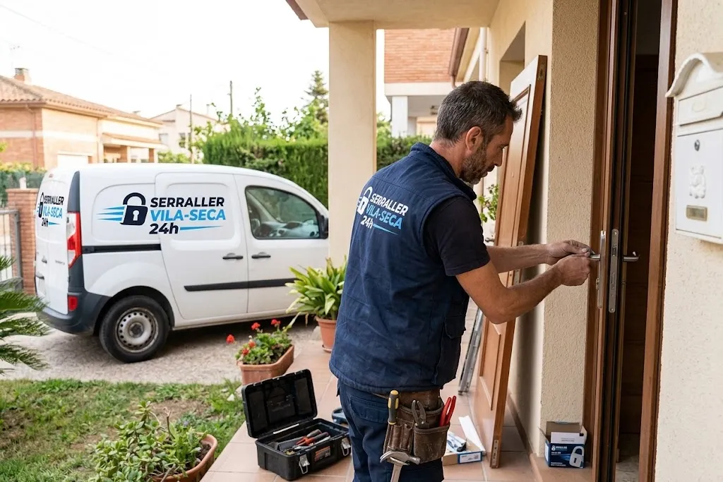 Cerrajero cambiando el bombín de la puerta de una casa con jardín
